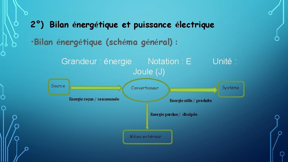 2°) Bilan énergétique et puissance électrique • Bilan énergétique (schéma général) : Grandeur :