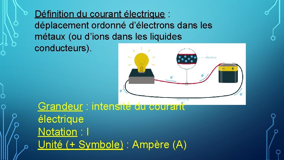 Définition du courant électrique : déplacement ordonné d’électrons dans les métaux (ou d’ions dans