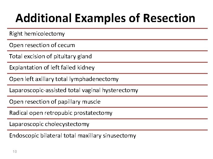 Additional Examples of Resection Right hemicolectomy Open resection of cecum Total excision of pituitary