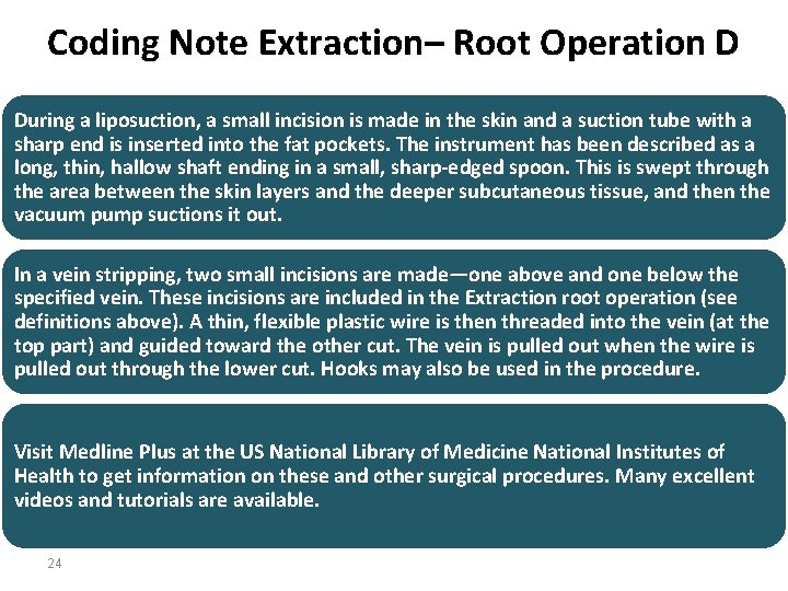 Coding Note Extraction– Root Operation D During a liposuction, a small incision is made