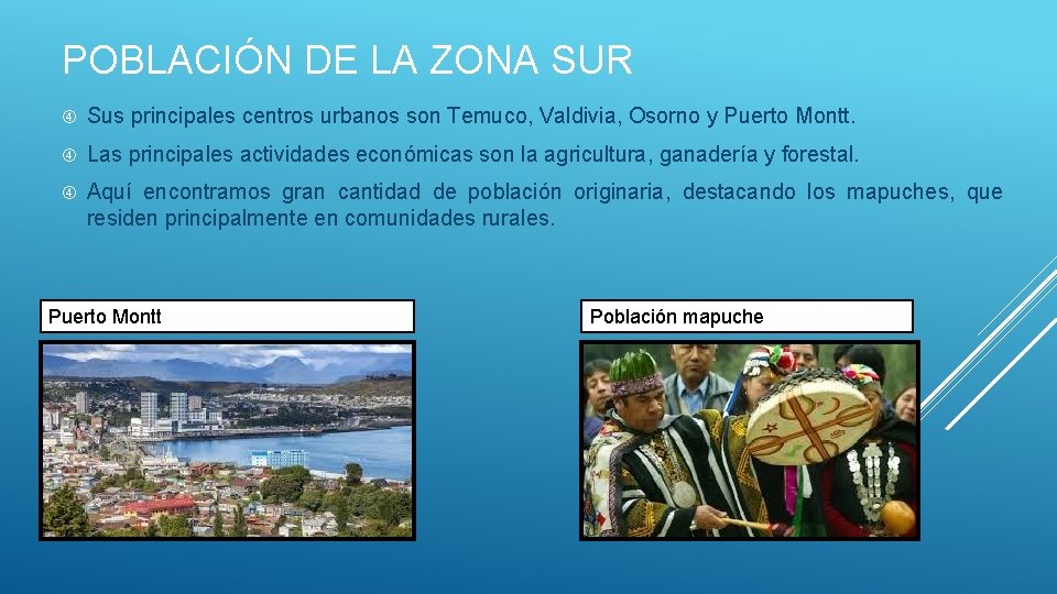 POBLACIÓN DE LA ZONA SUR Sus principales centros urbanos son Temuco, Valdivia, Osorno y