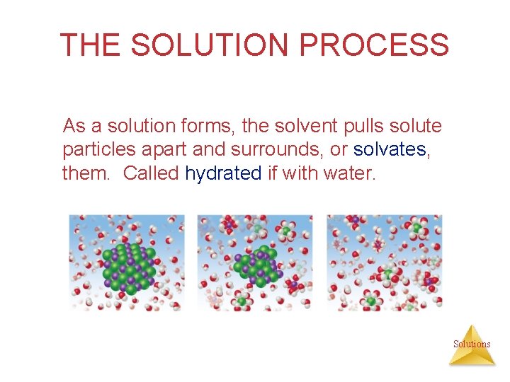 THE SOLUTION PROCESS As a solution forms, the solvent pulls solute particles apart and