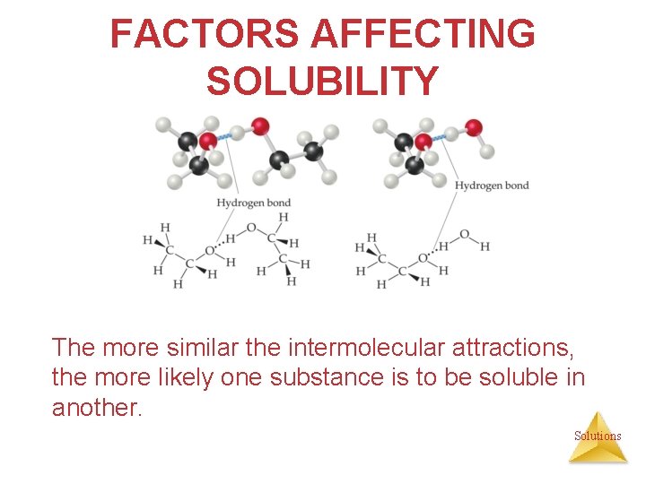 FACTORS AFFECTING SOLUBILITY The more similar the intermolecular attractions, the more likely one substance