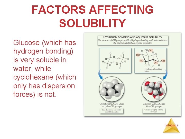 FACTORS AFFECTING SOLUBILITY Glucose (which has hydrogen bonding) is very soluble in water, while