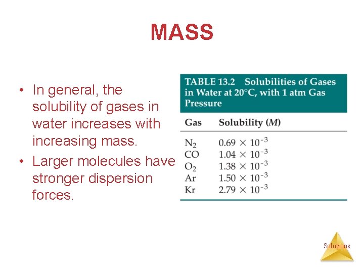 MASS • In general, the solubility of gases in water increases with increasing mass.