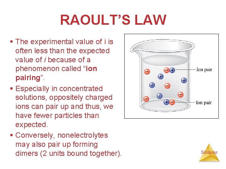 RAOULT’S LAW § The experimental value of i is often less than the expected