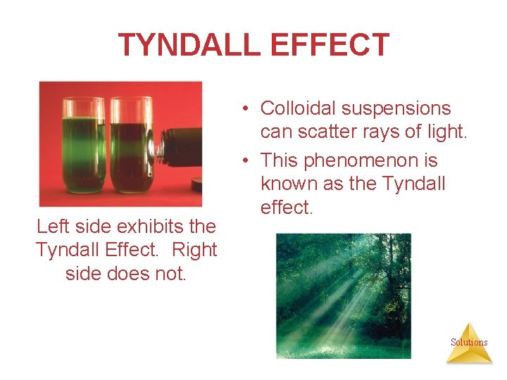 TYNDALL EFFECT Left side exhibits the Tyndall Effect. Right side does not. • Colloidal