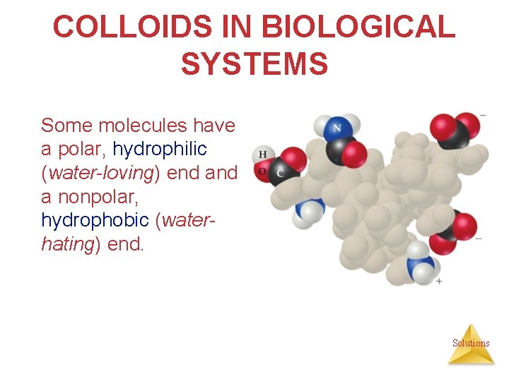 COLLOIDS IN BIOLOGICAL SYSTEMS Some molecules have a polar, hydrophilic (water-loving) end a nonpolar,