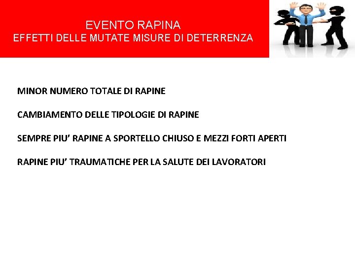 EVENTO RAPINA EFFETTI DELLE MUTATE MISURE DI DETERRENZA MINOR NUMERO TOTALE DI RAPINE CAMBIAMENTO