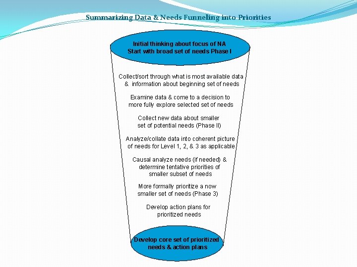 Summarizing Data & Needs Funneling into Priorities Initial thinking about focus of NA Start