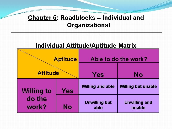 Chapter 5: Roadblocks – Individual and Organizational ________________________________________________ Individual Attitude/Aptitude Matrix © 2004 Jean