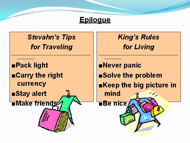 Epilogue Stevahn’s Tips for Traveling King’s Rules for Living _____________________________________________ ■Pack light ■Carry the