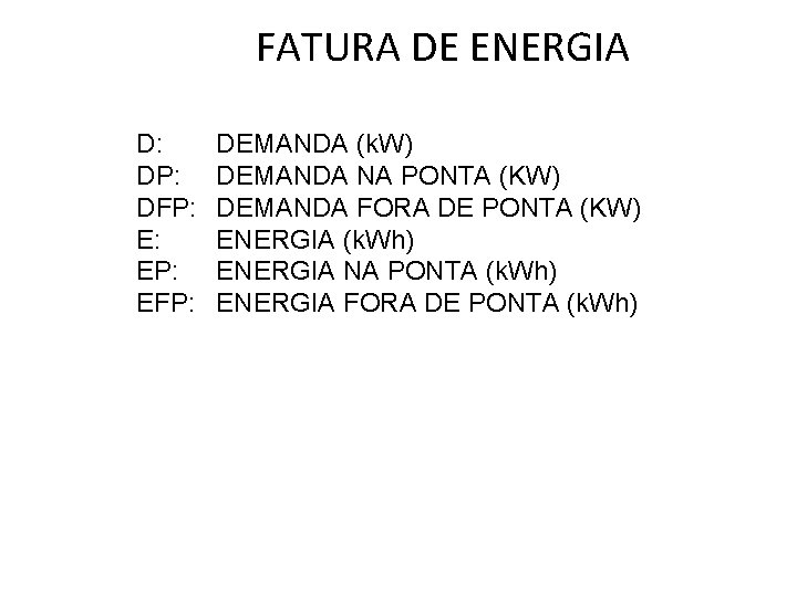 FATURA DE ENERGIA D: DP: DFP: E: EP: EFP: DEMANDA (k. W) DEMANDA NA