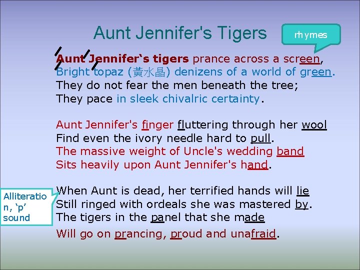 Aunt Jennifer's Tigers rhymes Aunt Jennifer‘s tigers prance across a screen, Bright topaz (黃水晶)