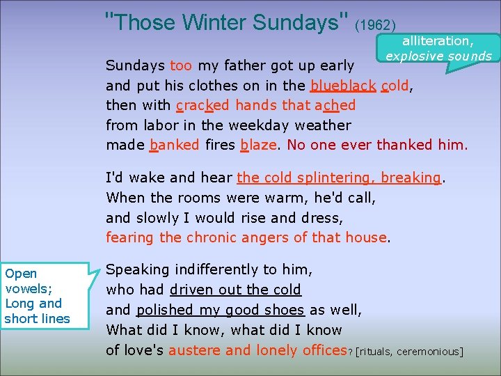 "Those Winter Sundays" (1962) alliteration, explosive sounds Sundays too my father got up early