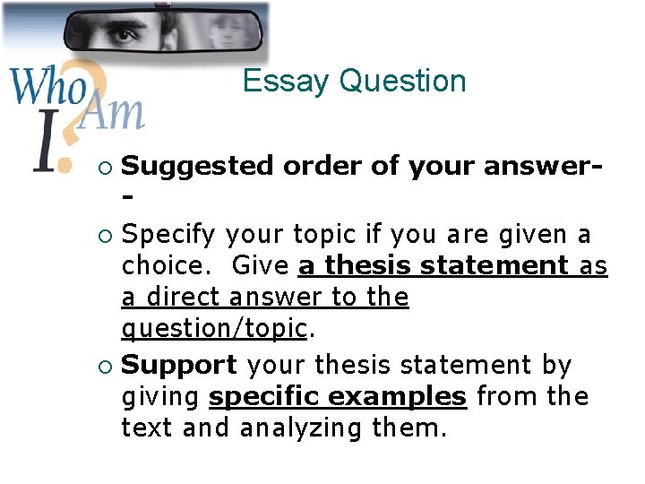 Essay Question Suggested order of your answer¡ Specify your topic if you are given