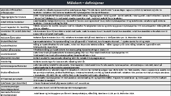 Målekort – definisjoner Løpende driftskvalitet driftskalender Tilgjengelighet for brukere Antall kritiske hendelser Levert kapasitet