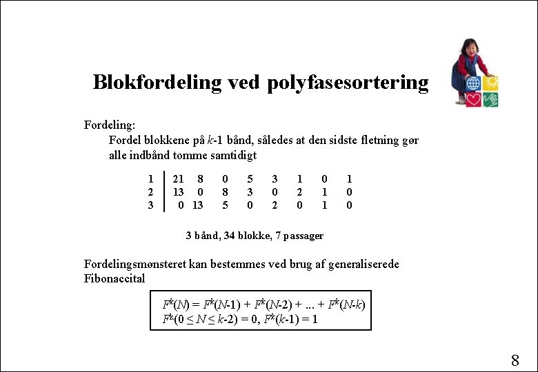 Blokfordeling ved polyfasesortering Fordeling: Fordel blokkene på k-1 bånd, således at den sidste fletning