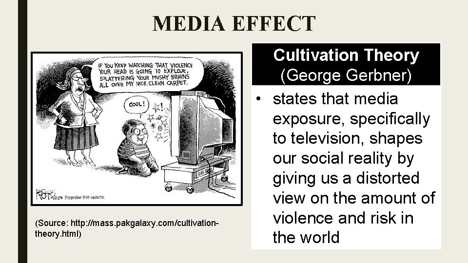 MEDIA EFFECT (Source: http: //mass. pakgalaxy. com/cultivationtheory. html) Cultivation Theory (George Gerbner) • states