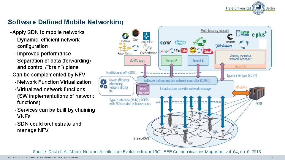 Software Defined Mobile Networking - Apply SDN to mobile networks - Dynamic, efficient network