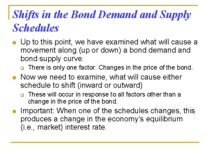 Shifts in the Bond Demand Supply Schedules n Up to this point, we have