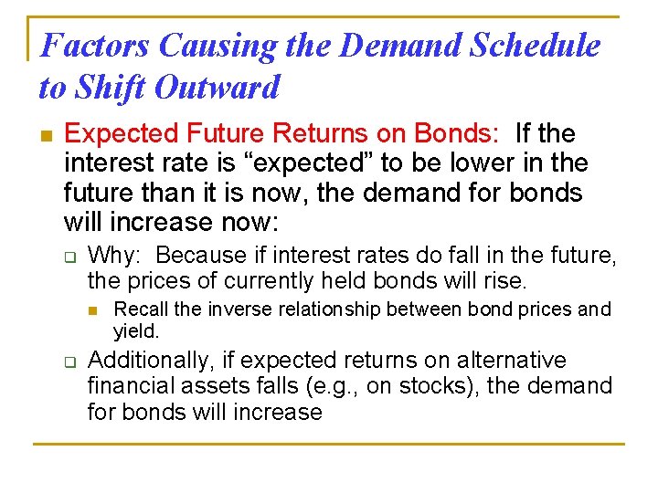 Factors Causing the Demand Schedule to Shift Outward n Expected Future Returns on Bonds: