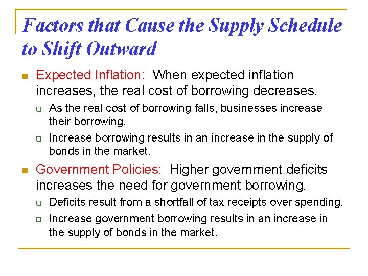 Factors that Cause the Supply Schedule to Shift Outward n Expected Inflation: When expected