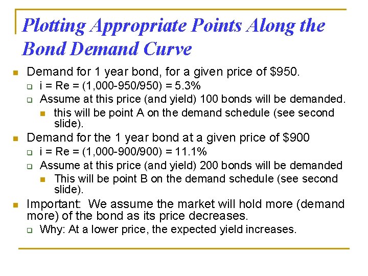 Plotting Appropriate Points Along the Bond Demand Curve n Demand for 1 year bond,