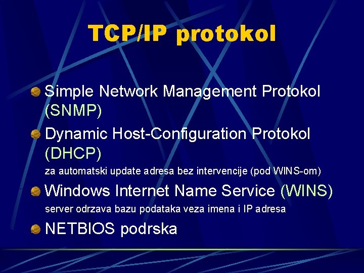 TCP/IP protokol Simple Network Management Protokol (SNMP) Dynamic Host-Configuration Protokol (DHCP) za automatski update