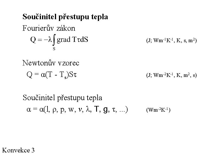Součinitel přestupu tepla Fourierův zákon (J; Wm-1 K-1, K, s, m 2) Newtonův vzorec