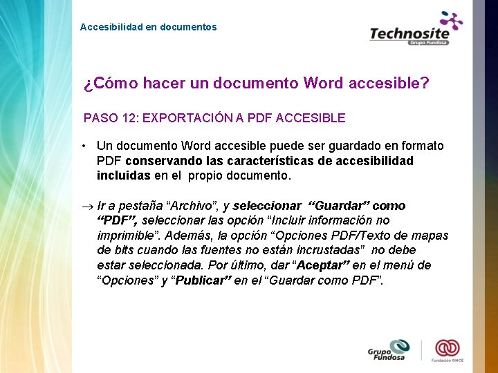 Accesibilidad en documentos ¿Cómo hacer un documento Word accesible? PASO 12: EXPORTACIÓN A PDF