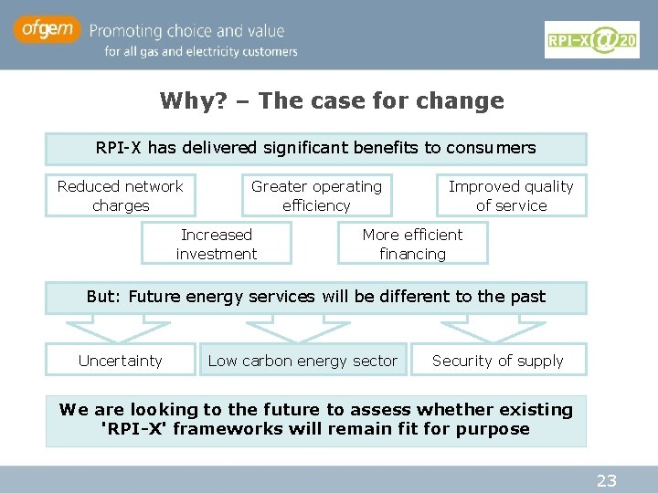 Why? – The case for change RPI-X has delivered significant benefits to consumers Reduced