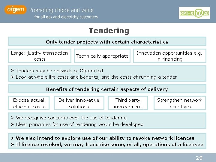 Tendering Only tender projects with certain characteristics Large: justify transaction costs Technically appropriate Innovation