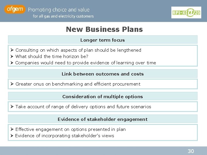 New Business Plans Longer term focus Ø Consulting on which aspects of plan should