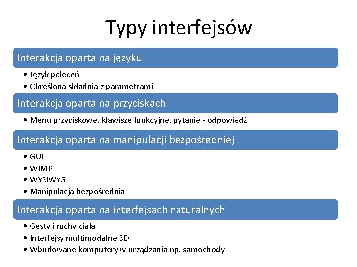 Typy interfejsów Interakcja oparta na języku • Język poleceń • Określona składnia z parametrami