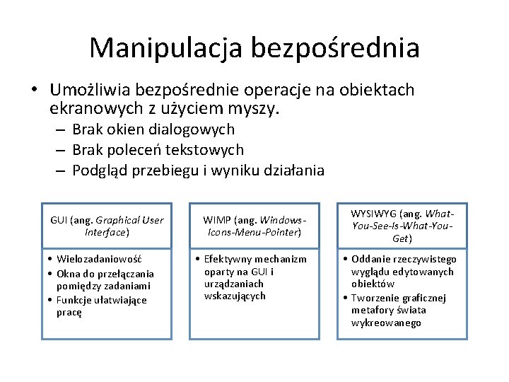 Manipulacja bezpośrednia • Umożliwia bezpośrednie operacje na obiektach ekranowych z użyciem myszy. – Brak