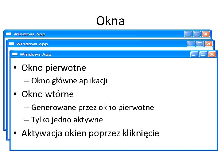 Okna • Okno pierwotne – Okno główne aplikacji • Okno wtórne – Generowane przez