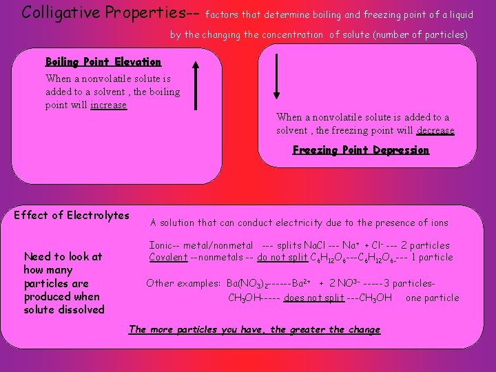 Colligative Properties-- factors that determine boiling and freezing point of a liquid by the