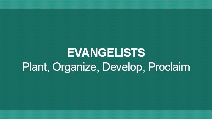 EVANGELISTS Plant, Organize, Develop, Proclaim 