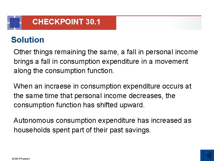 CHECKPOINT 30. 1 Solution Other things remaining the same, a fall in personal income