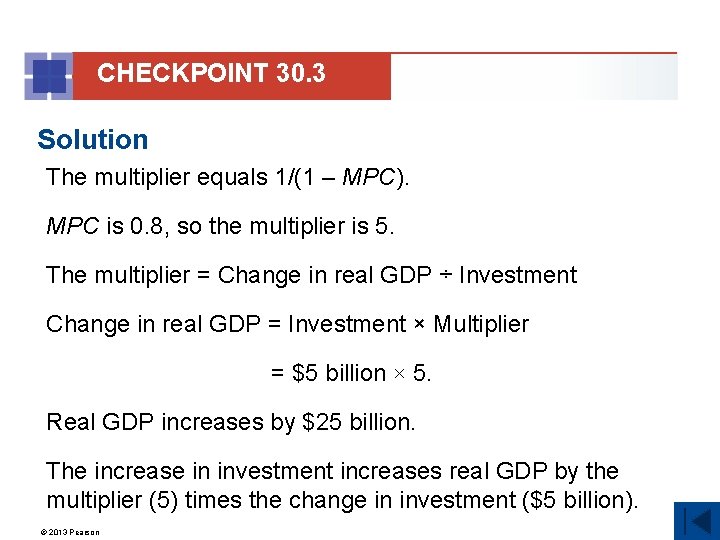 CHECKPOINT 30. 3 Solution The multiplier equals 1/(1 – MPC). MPC is 0. 8,