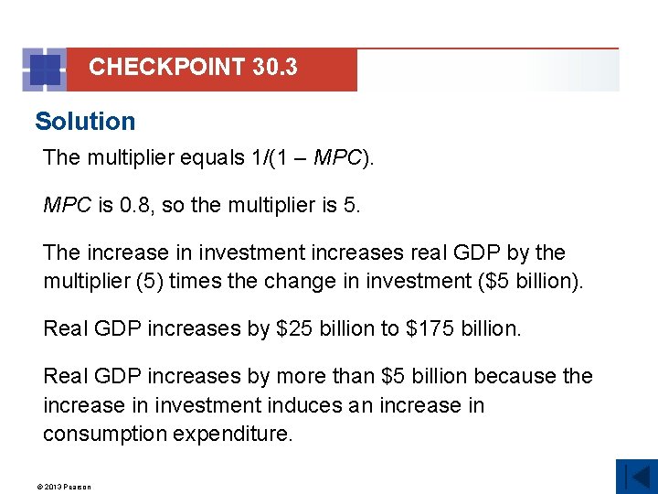 CHECKPOINT 30. 3 Solution The multiplier equals 1/(1 – MPC). MPC is 0. 8,