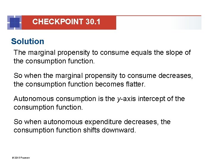 CHECKPOINT 30. 1 Solution The marginal propensity to consume equals the slope of the