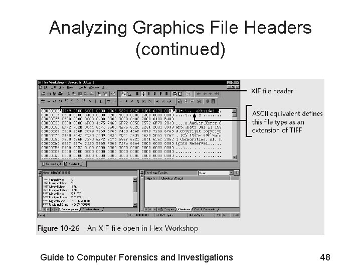 Analyzing Graphics File Headers (continued) Guide to Computer Forensics and Investigations 48 