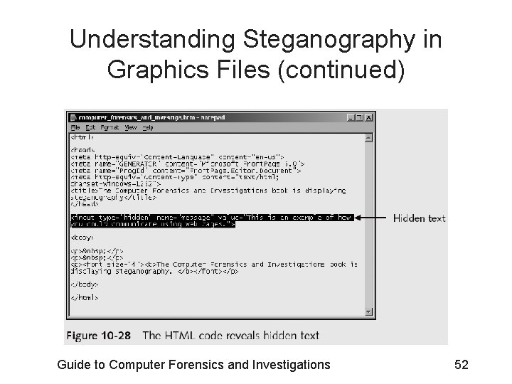 Understanding Steganography in Graphics Files (continued) Guide to Computer Forensics and Investigations 52 