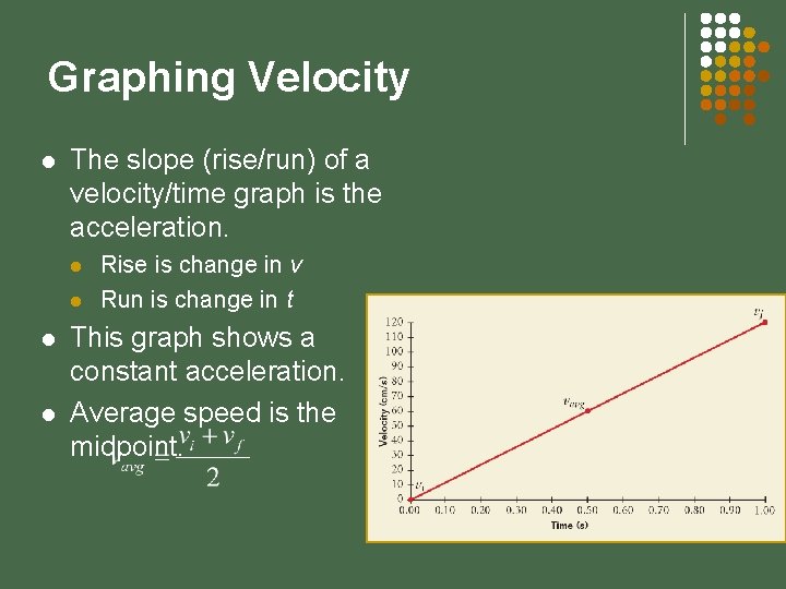Graphing Velocity l The slope (rise/run) of a velocity/time graph is the acceleration. l