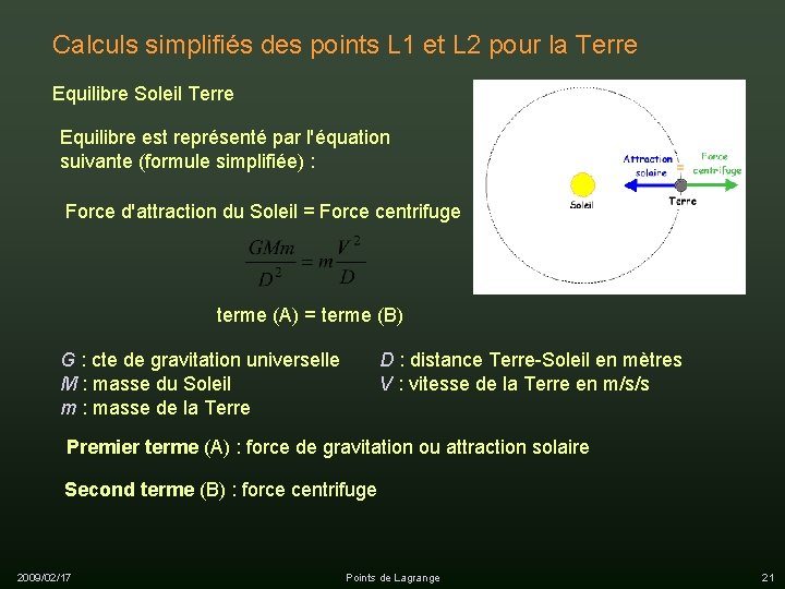 Calculs simplifiés des points L 1 et L 2 pour la Terre Equilibre Soleil