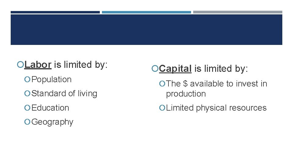  Labor is limited by: Population Standard of living Education Geography Capital is limited