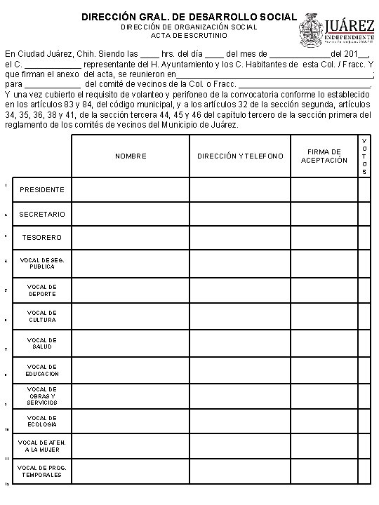 DIRECCIÓN GRAL. DE DESARROLLO SOCIAL DIRECCIÓN DE ORGANIZACIÓN SOCIAL ACTA DE ESCRUTINIO En Ciudad