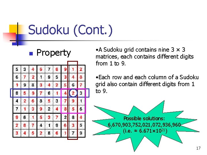 Sudoku (Cont. ) n Property • A Sudoku grid contains nine 3 × 3